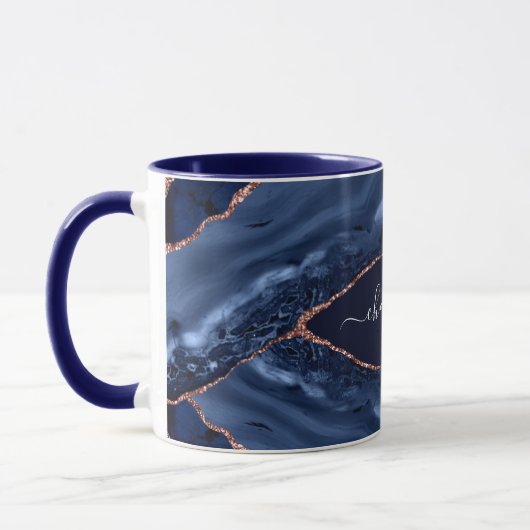 Mug Bleu agate marbre rose or nom script (Gauche)