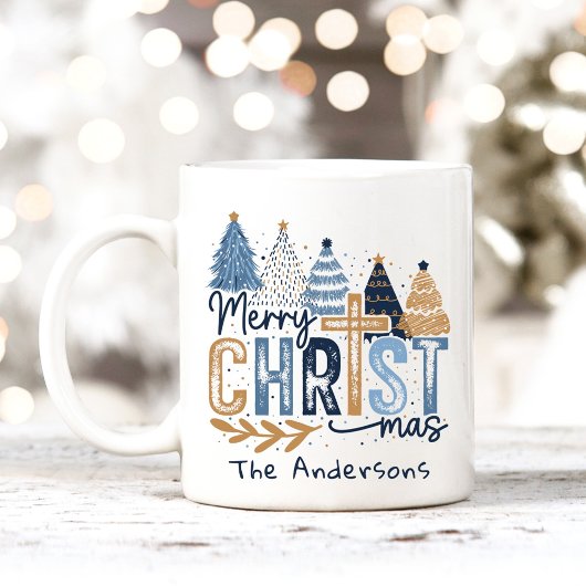 Mug Bleu Arbres modernes Christ Joyeux Noël Nom