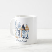 Mug Bleu Arbres modernes Christ Joyeux Noël Nom (Devant gauche)