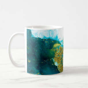 Mug Bleu avec parties scintillant d'or fluide art, cré