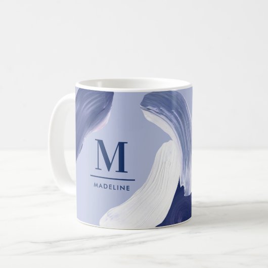 Mug Bleu blanc abstrait texturé main moderne peint (Devant gauche)