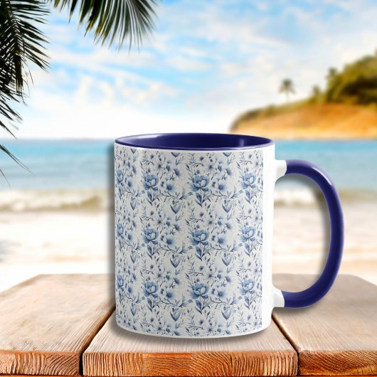 Mug Bleu Blanc Floral Toile Chinoiserie Aquarelle