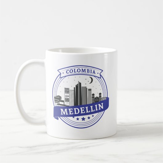 Mug Bleu blanc Medellin Colombie Cityscape Logo (Gauche)