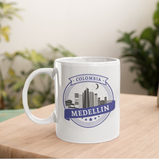 Mug Bleu blanc Medellin Colombie Cityscape Logo