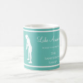 Mug Bleu Blanc nom du lac Lady golfer silhouette (Devant droit)