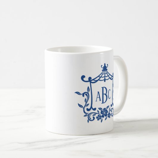 Mug Bleu Blanc Pagode Fleur Cadre Monogramme Initiales (Devant droit)