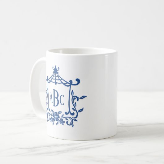 Mug Bleu Blanc Pagode Fleur Cadre Monogramme Initiales (Devant gauche)