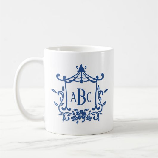 Mug Bleu Blanc Pagode Fleur Cadre Monogramme Initiales (Gauche)