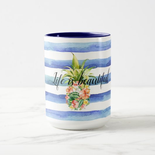 Mug Bleu Blanc rayures Tropical Floral Ananas (Centre)