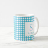 Mug Bleu Classique Gingham Carreaux Monogramme Nom (Devant droit)