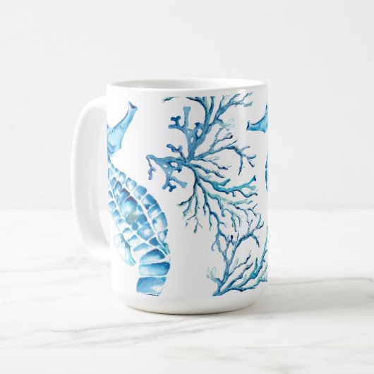 Mug Bleu côtier Hippocampe et corail Aquarelle (Devant gauche)