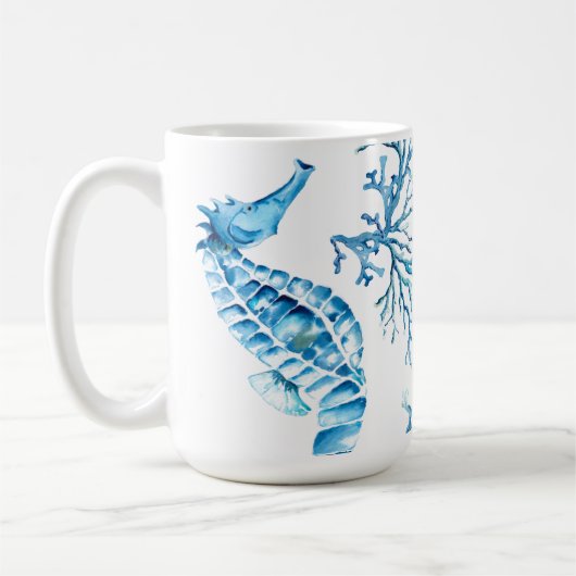 Mug Bleu côtier Hippocampe et corail Aquarelle (Gauche)