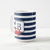 Mug Bleu de la Marine Nautique Bleu Stripes Crabe Roug (Devant gauche)