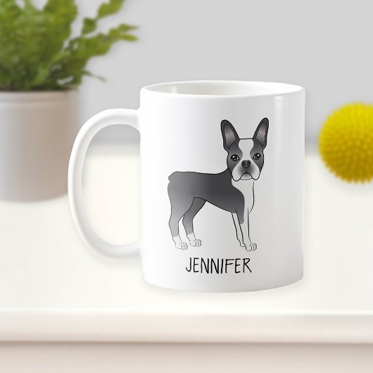 Mug Bleu Et Blanc Boston Terrier Dessin Chien Et Nom