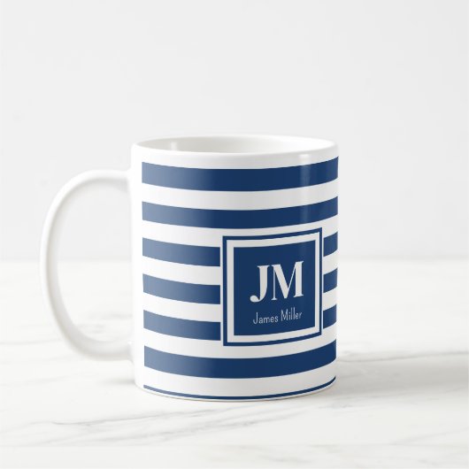 Mug Bleu et blanc Rayures nautiques Monogramme (Gauche)