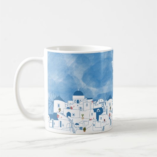 Mug Bleu et blanc Santorin Grèce Monogramme (Gauche)