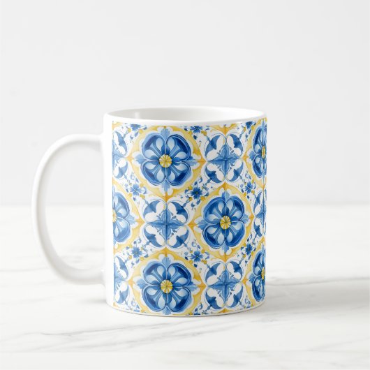 Mug 💛 💙 bleu et jaune, aquarelle fleurie Azulejos (Gauche)