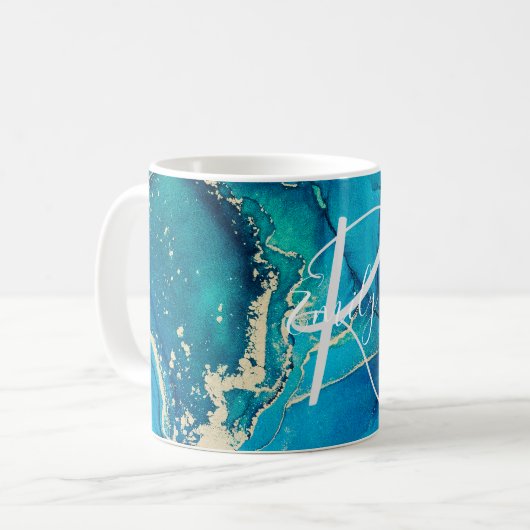 Mug Bleu et or Marbre Agate Nom Abstrait Monogramme (Devant gauche)
