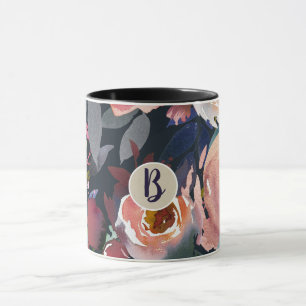 Mug Bleu foncé et rose blush floral chic aquarelle