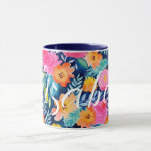 Mug Bleu foncé Rose Chaud Jaune Joyeux Floral Nom pers (Centre)