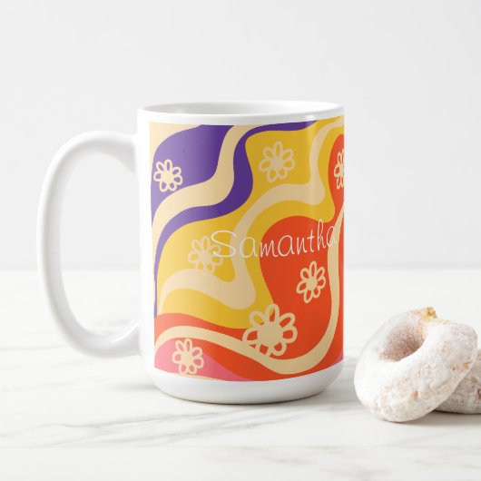 Mug Bleu, Jaune, Orange, Rose Floral Abstrait (Avec donut)