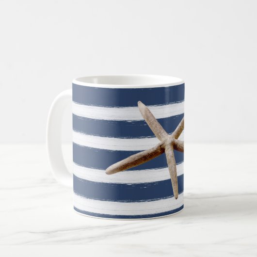 Mug Bleu marine et blanc Grandes étoiles de mer (Devant gauche)