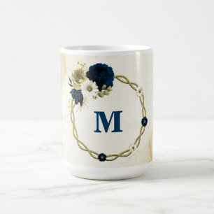 Mug bleu marine ivoire fleurs monogramme or