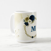 Mug bleu marine ivoire fleurs monogramme or (Devant gauche)
