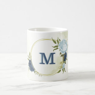 Mug bleu marine poussiéreux vert floral