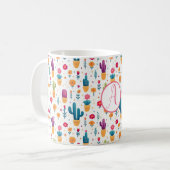 Mug Bleu mou et lavande Floral Cactus Script Monogramm (Devant gauche)