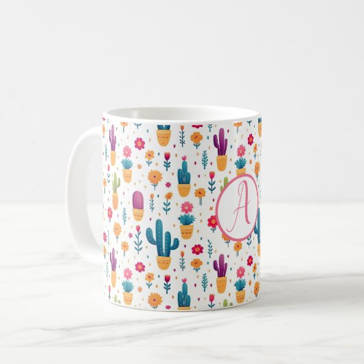 Mug Bleu mou et lavande Floral Cactus Script Monogramm (Devant gauche)