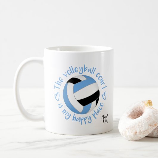 Mug bleu noir Le terrain de volley est mon endroit heu (Avec donut)