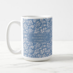 Mug Bleu pastel doux et motif floral bohème blanc gris