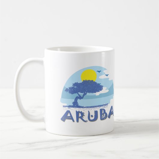 Mug Bleu rétro Aruba Divi Arbre, Soleil et Océan (Gauche)