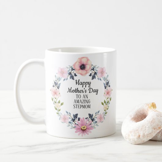 Mug Bleu rose Floral Joyeux Fête des Mères-Stepmère (Avec donut)