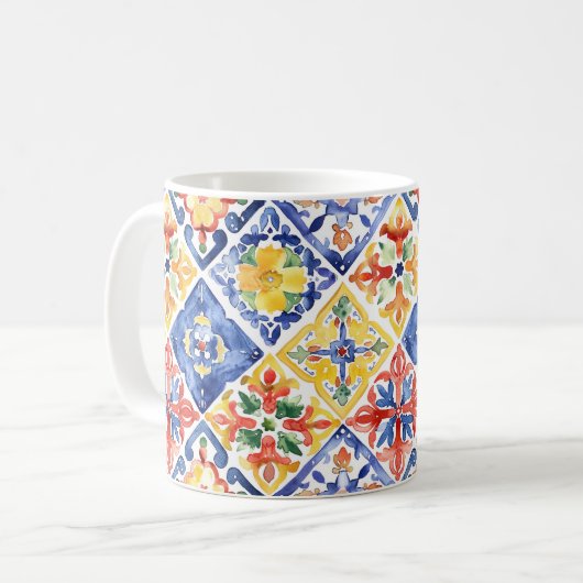Mug Bleu Rouge Jaune Floral Abstrait Cinco de Mayo (Devant gauche)