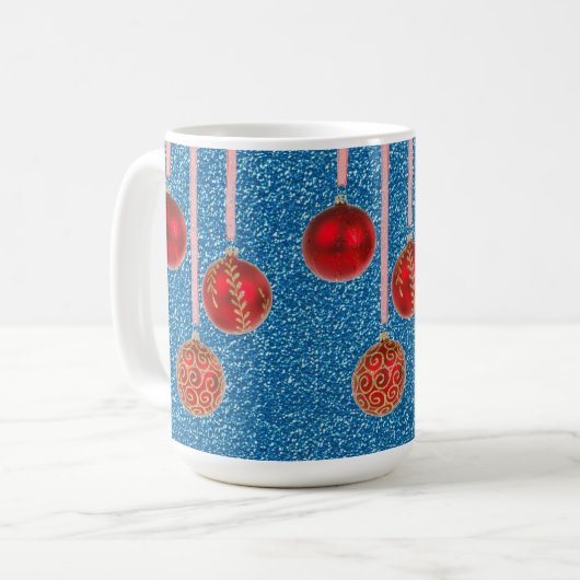 Mug Bleu rouge Parties scintillant Joyeux Noël Baubles (Devant gauche)