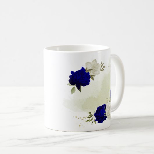 Mug bleu royal blanc fleuri (Devant droit)