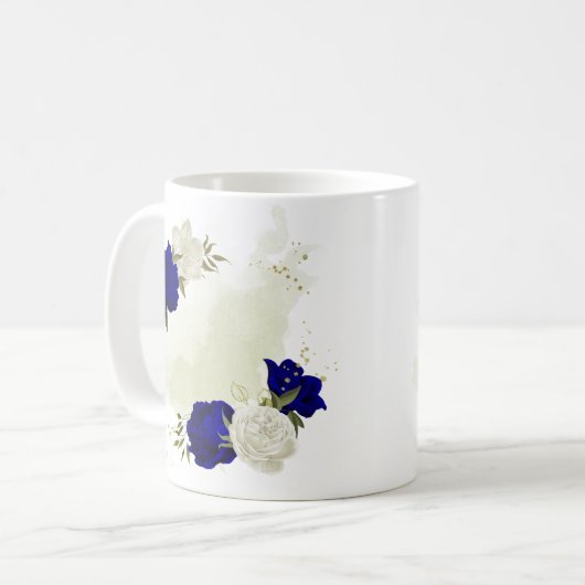 Mug bleu royal blanc fleuri (Devant gauche)
