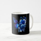 Mug Bleu sur Papillon floral noir Personnalisé (Devant droit)