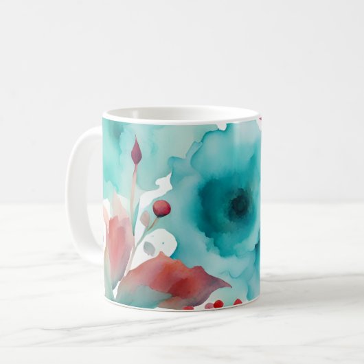 Mug bleu turquoise Aquarelle rouge Fleurs de printemps (Devant gauche)