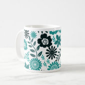 Mug Bleu turquoise et vert olive foncé motif floral (Devant gauche)