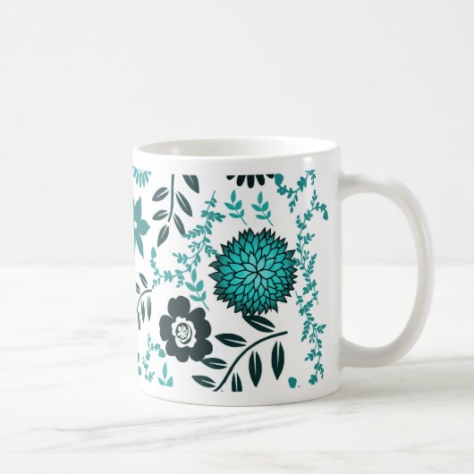 Mug Bleu turquoise et vert olive foncé motif floral (Droite)