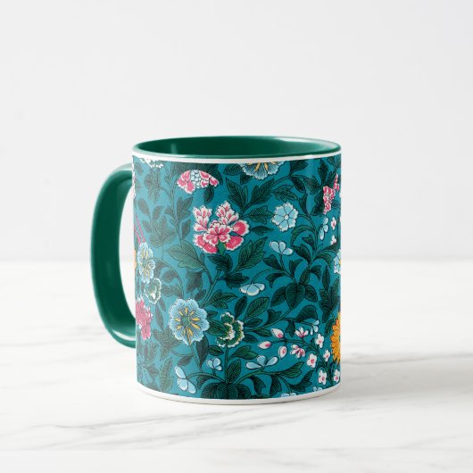 Mug Bleu Turquoise Vert Rouge rose Jaune Motif Floral (Devant gauche)
