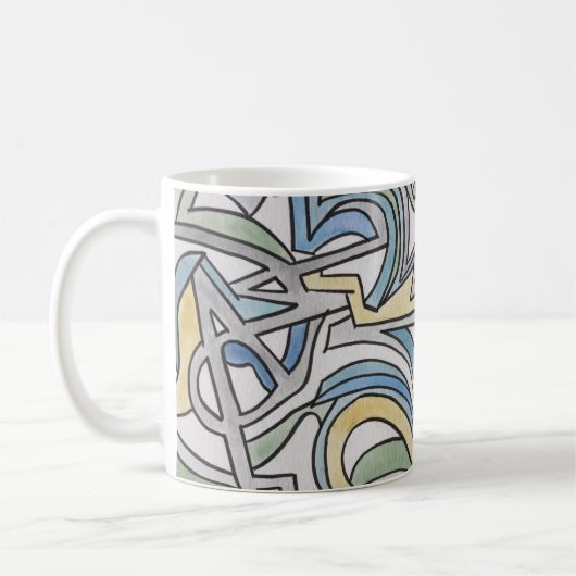 Mug Bleu Vert Jaune Treillis-Peint à la Main Abstrait (Gauche)