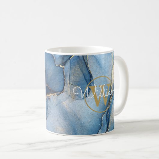 Mug Blue Agate Geode Gold Monogramme Nom du script (Devant droit)