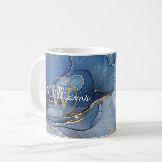 Mug Blue Agate Geode Gold Monogramme Nom du script (Devant gauche)