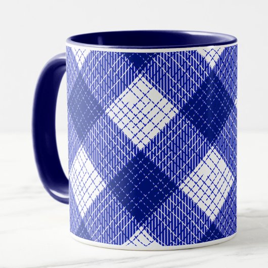 Mug Blue and White Bold Checkered Plaid Design 