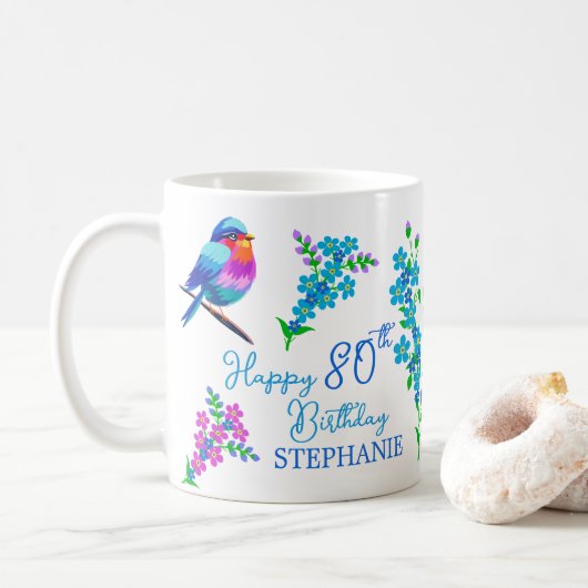 Mug Blue Bird Oubliez Moi Pas Floral 80e Anniversaire (Avec donut)