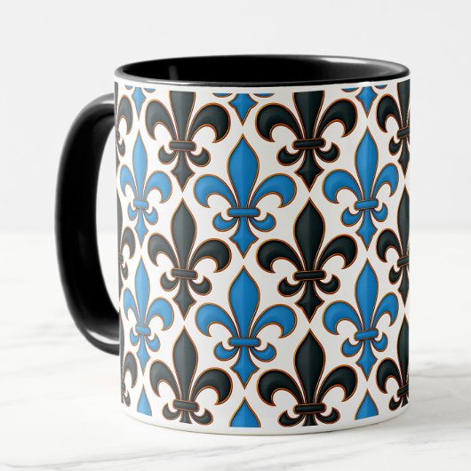 Mug Blue Black Baroque Fleur-de-lis Pattern Design